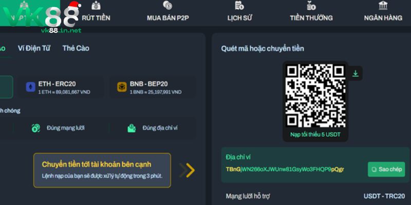 Ba bước nạp tiền VK88 qua ví tiền ảo